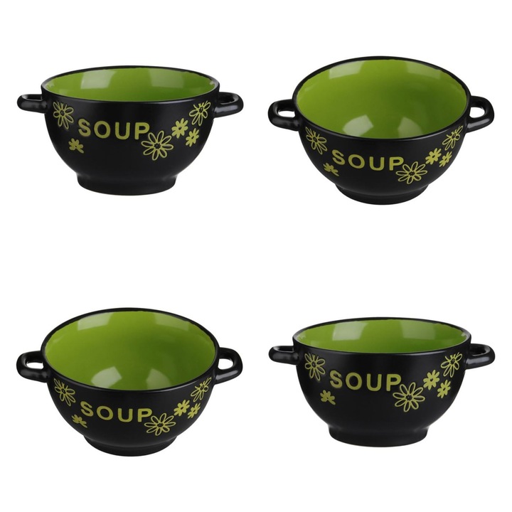 Set 4 Boluri pentru Supa, 700ml, Ceramica Negru-Verde, Model “Soup” – Design Modern, Ideal pentru Servire