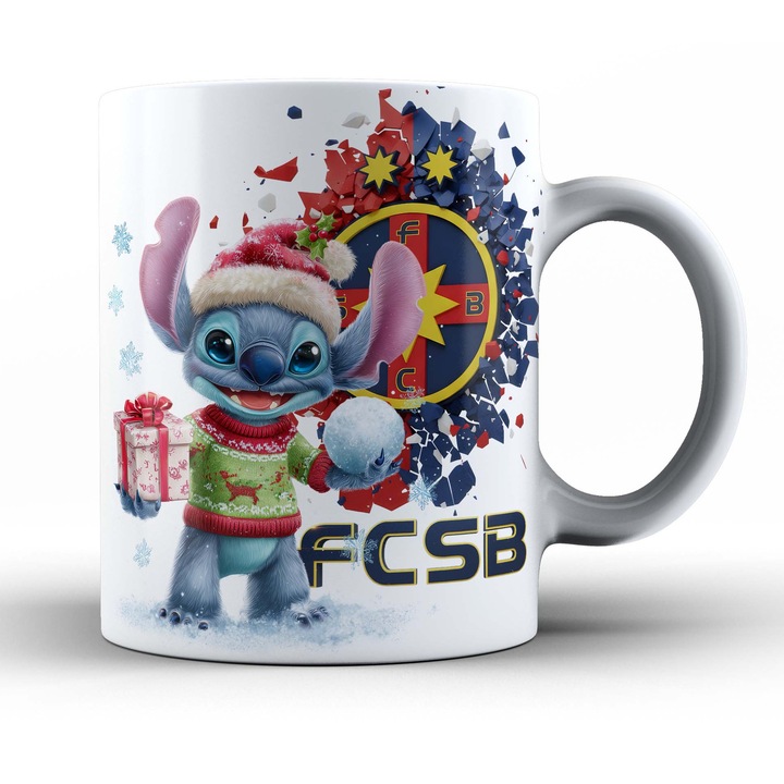 Cana personalizata Stitch FCSB – editie de iarna, alba, 330ml, Cadoul perfect pentru fanii fotbalului