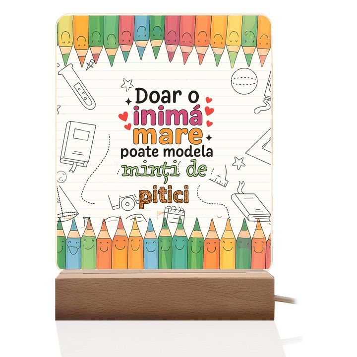 Cadou Educatoare JOYSTOS – Lampa cu Mesaj Emotionant „Doar o inima mare poate modela minti de pitici”, Lumina Calda, Acril + Lemn, Alimentare USB, Cadou de Craciun, 8 Martie, Ziua Femeii, Cadou de Multumire