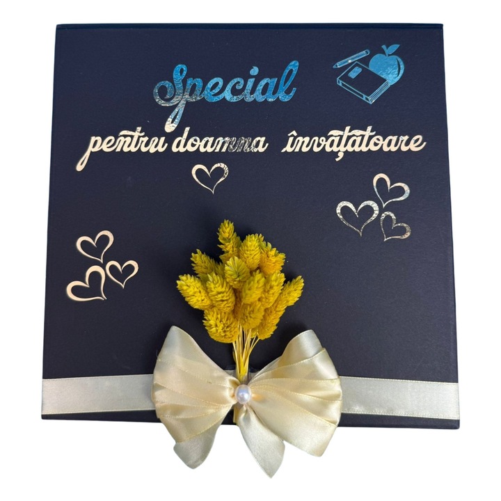 Cutie cadou eleganta pentru doamna invatatoare – flori galbene si mesaj de recunostinta