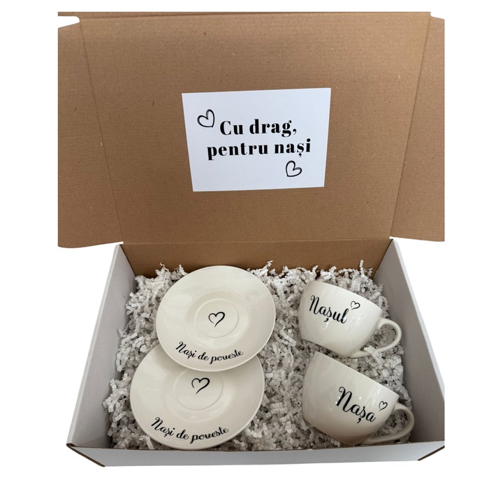 Set cesti personalizate pentru Nasi – „Nasul & Nasa” cu farfurioare „Nasi de poveste”