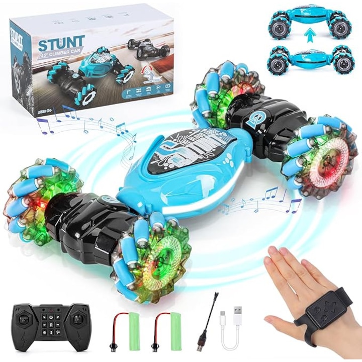 Masina cu telecomanda pe mana albastru de la 6-12 ani, cu muzica si lumini, Cadou baieti si fete, Masina RC, Masina de drift, Jucarie pentru copii, Jucarie de exterior, spider car