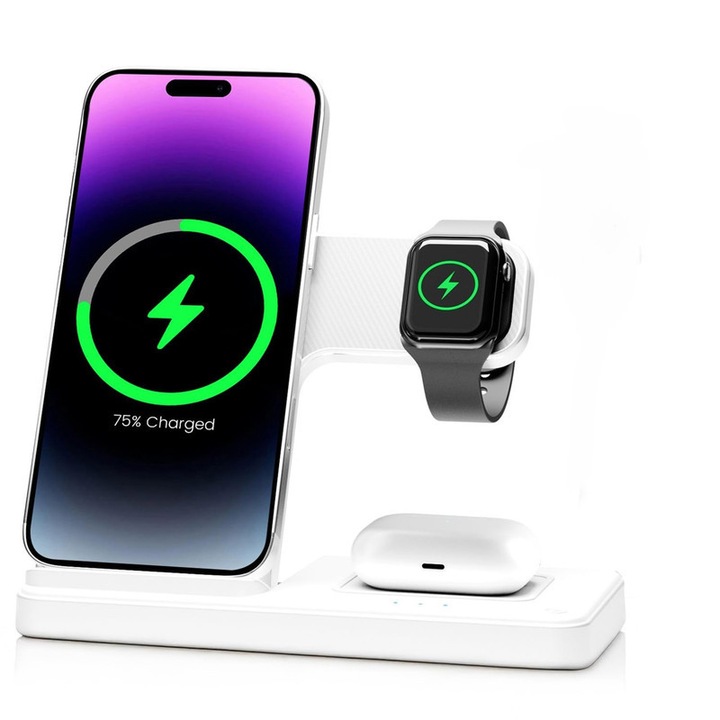 Statie de Incarcare 3 in 1,15W, Jeekgsk, Suport Incarcator Wireless Portabil, Magsafe, Telefon Compatibil Samsung, iPhone, Huawei, Charging Apple Watch, AirPods, Fast Charger, Alb