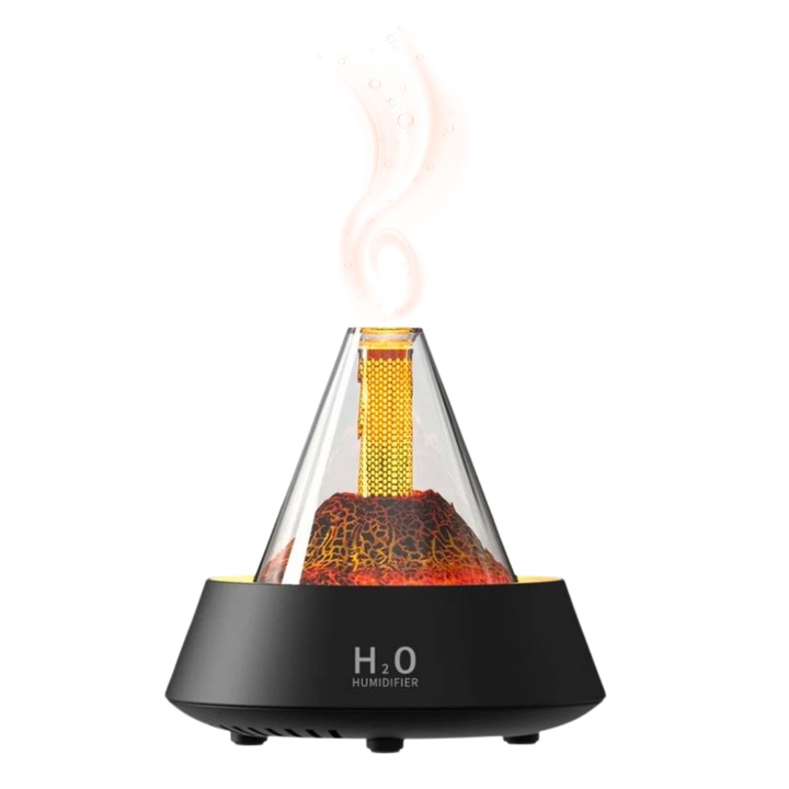 Difuzor Aromaterapie Vulcan, Aromatizor Ultrasonic, Umidificator aer, 7 culori LED, Cromoterapie, Casa, Birou si Masina, Incarcare Type-C, Negru