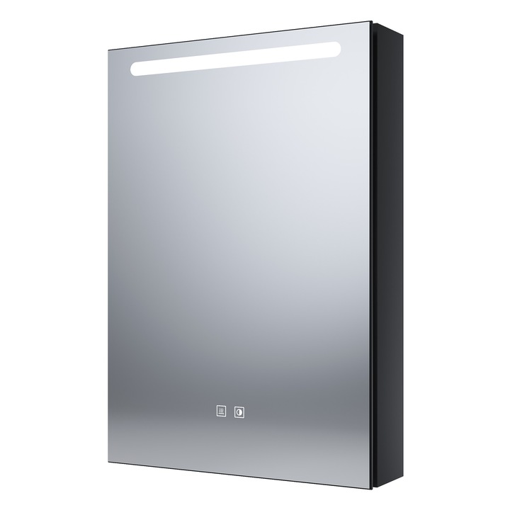 Dulap cu oglinda din lemn, cu iluminare LED reglabila, 48.5x70x13 cm, Zona de depozitare pentru produse de machiaj, Butoane tactile duble, Priza pentru aparat de ras, Negru