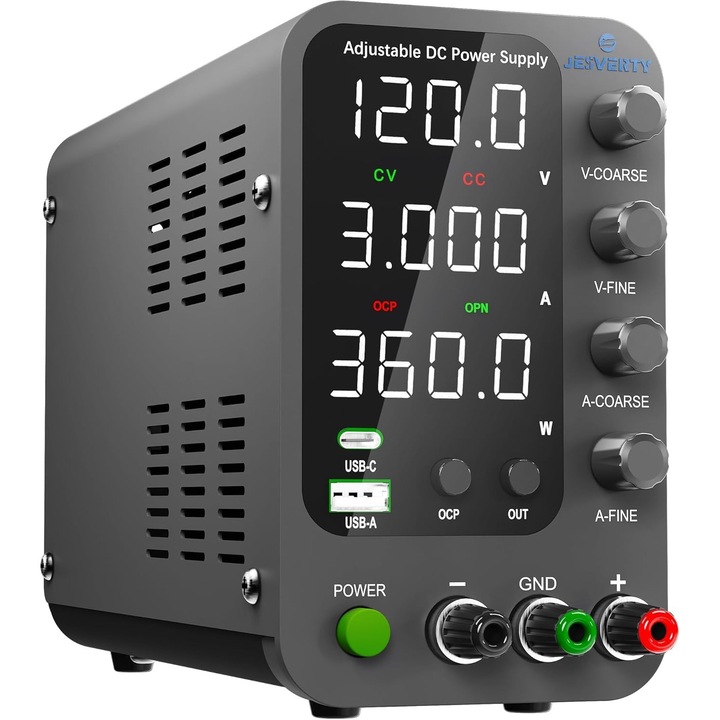 Sursa de alimentare de laborator 120 V, 3 A, cu reglaj fin si grosier, USB-C si USB-A 20 W, protectie supracurent OCP, ventilator de racire, intrare AC115V/230V, Jesverty