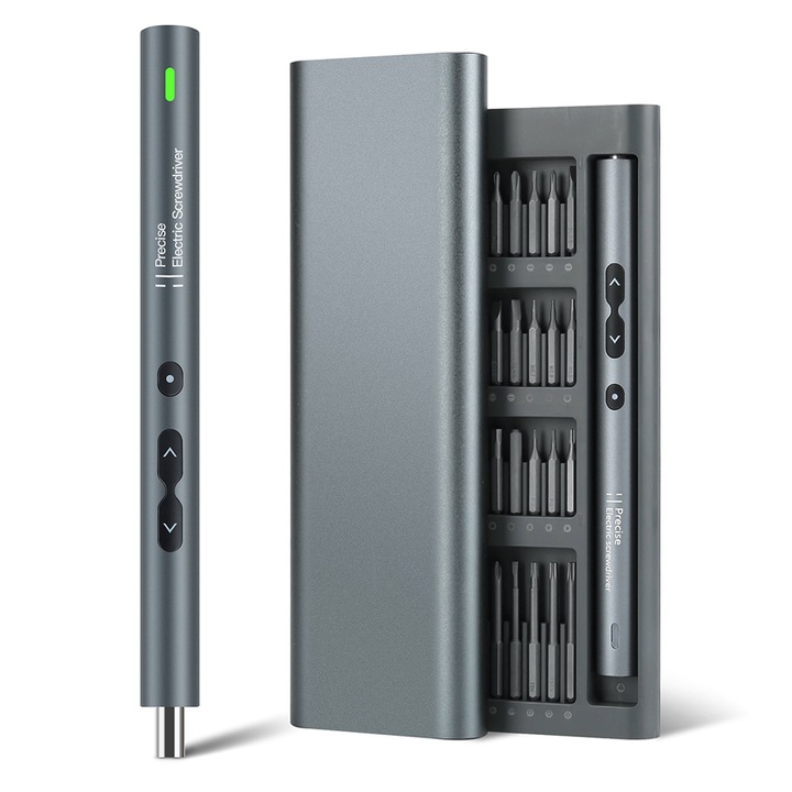 Комплект прецизна електрическа отвертка 62 в 1 NEXTLY, 48 магнитни бита, осветление, пинсета, шпатула и инструменти за отваряне, вендуза, ключ за сим карта, работна подложка, пълен комплект за ремонт на телефон/лаптоп, сив