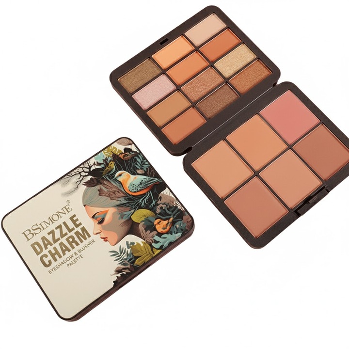 BSIMONE paleta machiaj 18 culori, fard de ochi si blush – finisaj mat, perlat si sclipici, nuante naturale pamantii, compact si portabil