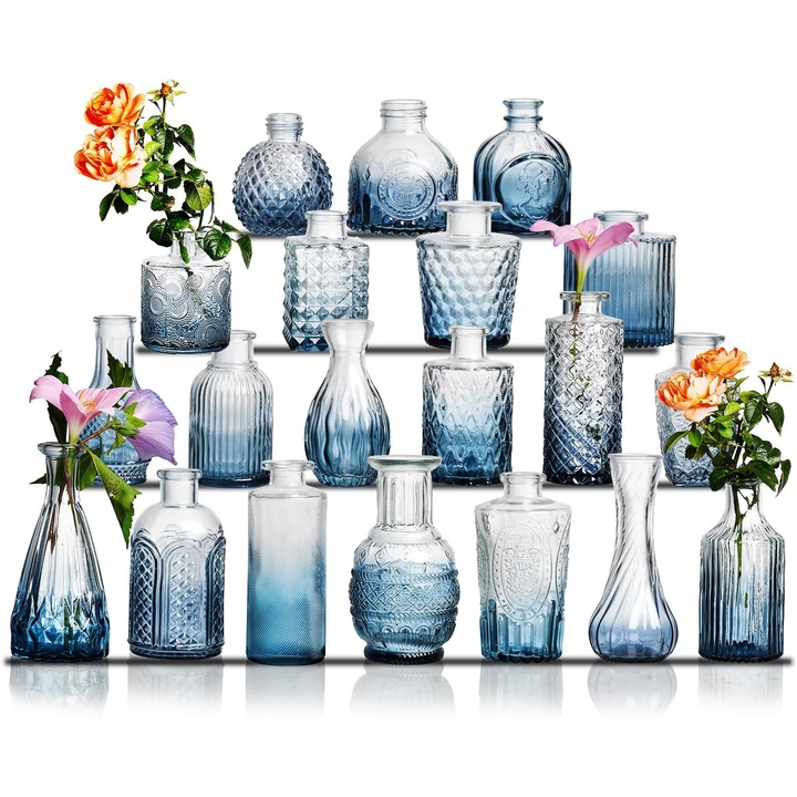 Set Vaze Mini Vintage Design, Modele Gravate din Sticla – Set 16 bucati, Albastru