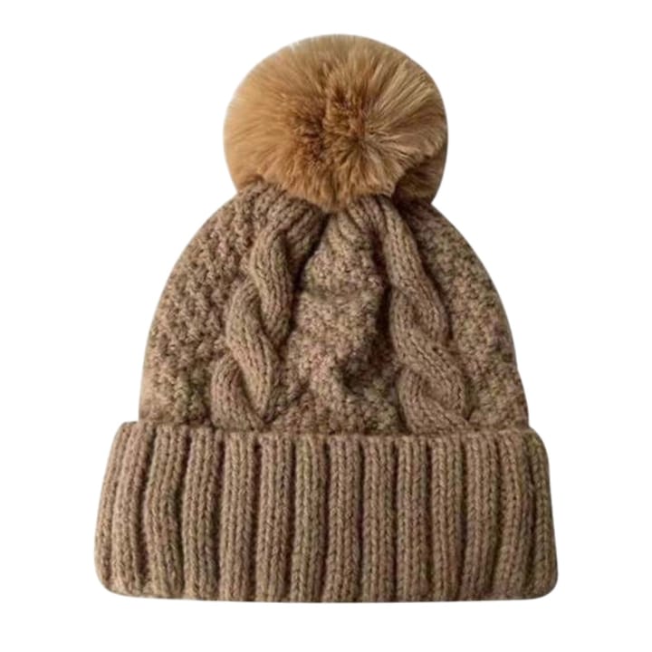 Плътна плетена шапка с помпон, с подплата отвътре, ежедневен зимен стил - Кафява