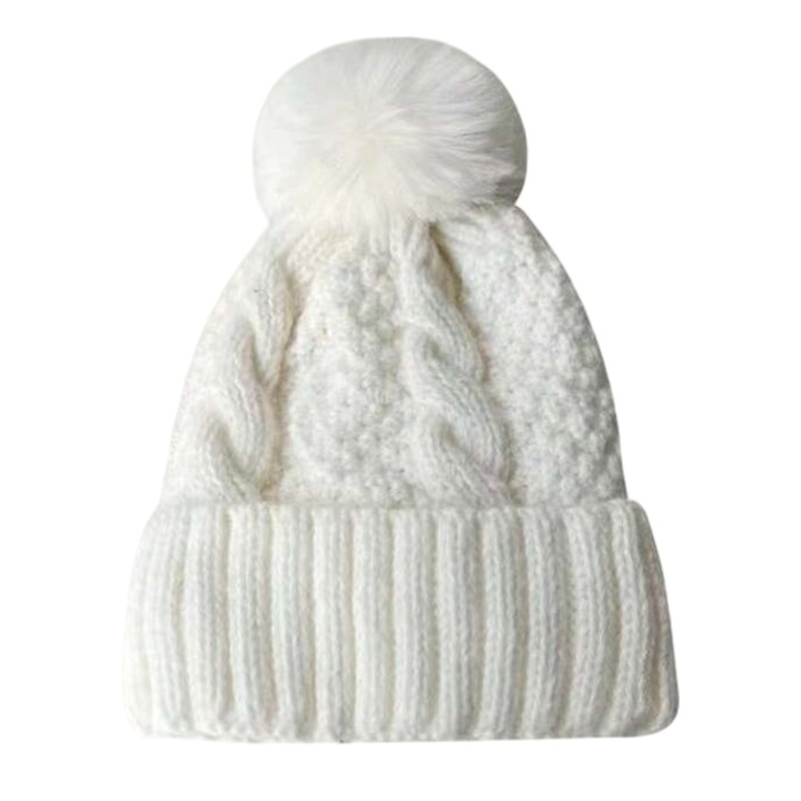 Vastag pomponos sapka, belül bélelt, hétköznapi téli stílus - Fehér