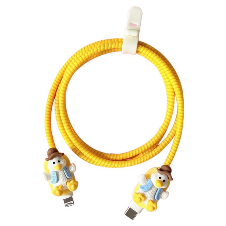 Протектор за кабел за зареждане на телефон – спирален органайзер за кабели, Съвместим с iPhone, Type-C и USB, кабел против скъсване и предпазител на проводника, креативен цветен дизайн, 1 м, жълт и бял