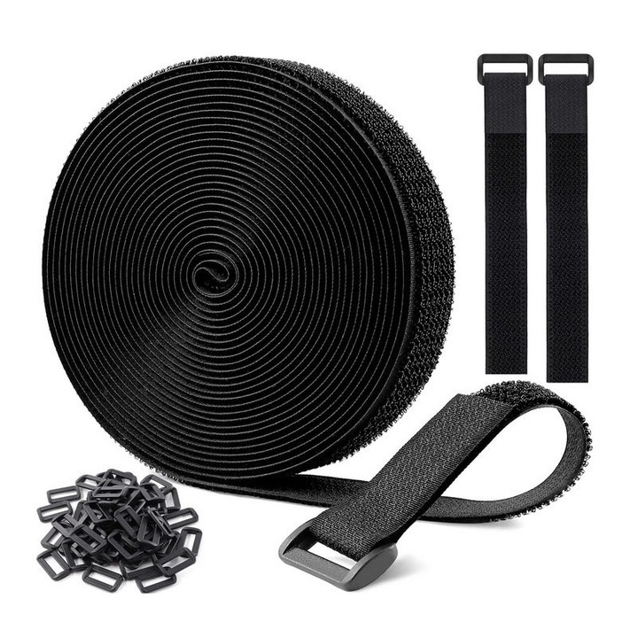 Велкро лента 5 см x 5 м с 20 пластмасови скоби, регулируема и многократна употреба, лента за закрепване на кабели за органайзер, бързо фиксиране, EDC, за офис и дома, държач за кабели, черна