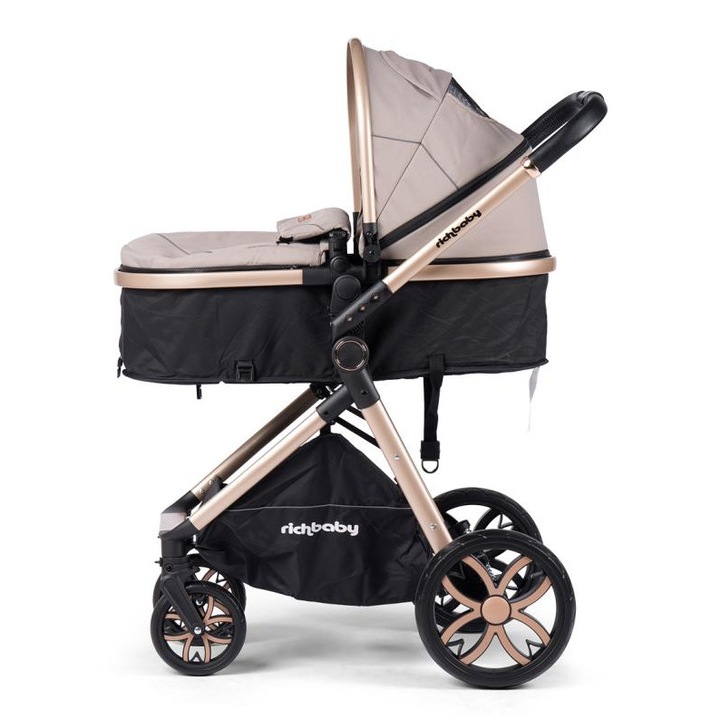 Sport babakocsi, mózeskosár típusú, Rich Baby V8, összecsukható, megfordítható ülés, állítható háttámla, arany/khaki