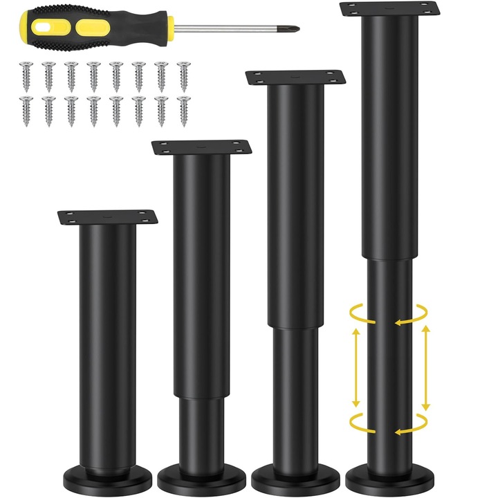 Комплект 4 крака за легло, регулируеми 18-30 см, прибираща се метална опора, против приплъзване, гумена основа, с фиксиращи винтове, за мебели, легло, диван, шкаф, маса, черни