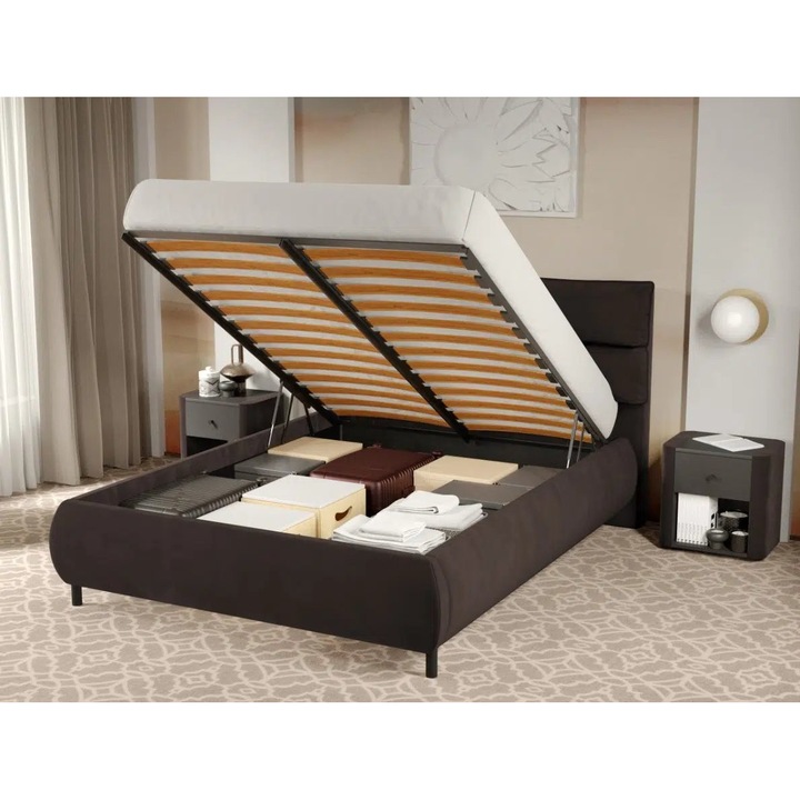 Pat Tapitat Cairo, Rabatabil cu Perne pe Spatar, 160x200, Maro/Velluto 6