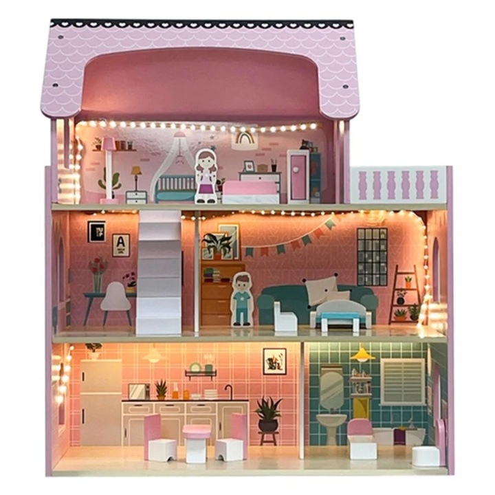Fából készült babaház LED világítással, 3 emeletes, bútorokkal, 70x62x27 cm, oktató és kreatív játék lányoknak, különleges ajándék, rózsaszín design, KRUZZEL