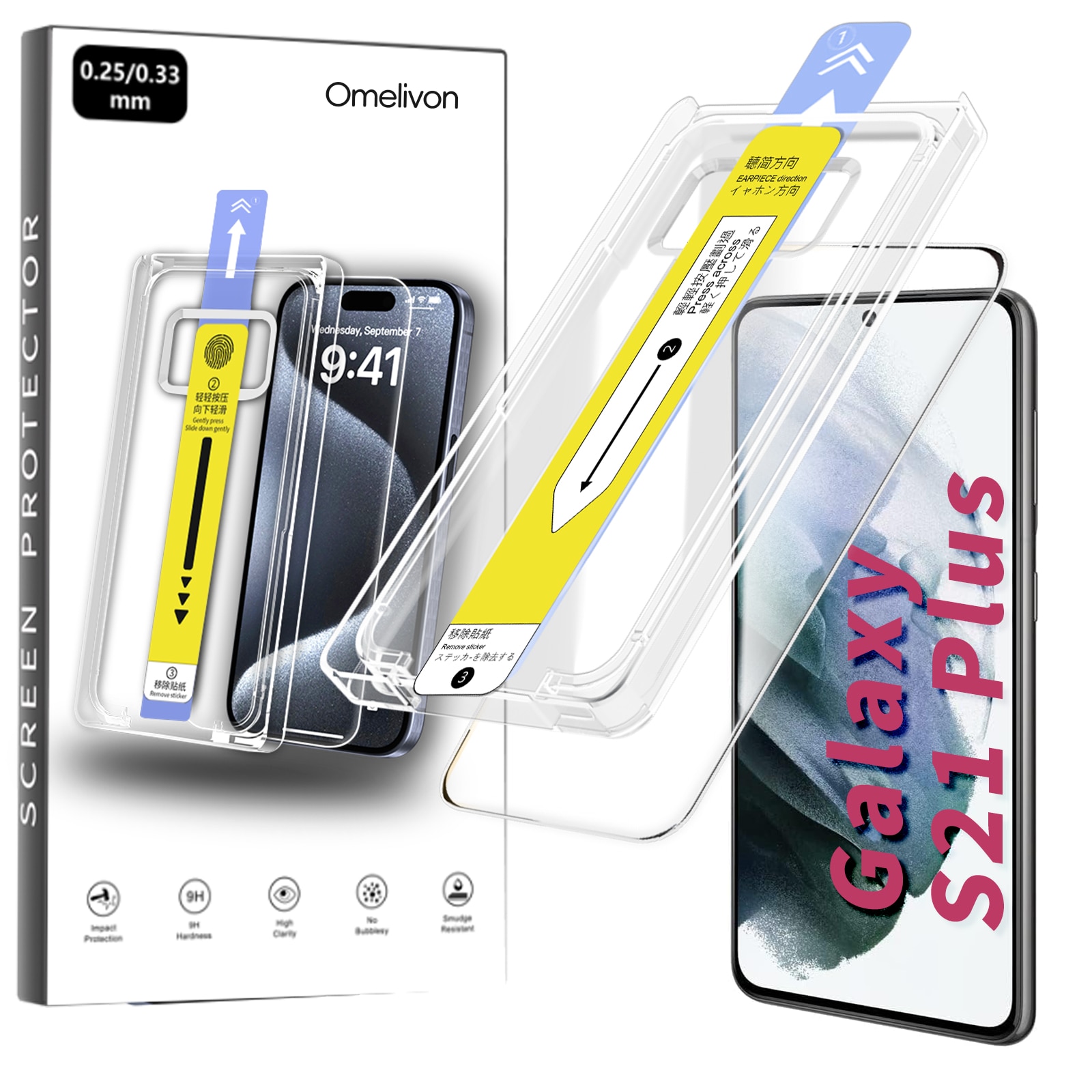 Folie de Protectie pentru Samsung Galaxy S21 Plus, Omelivon, Sticla Securizata, cu Kit de Aplicare Instanta si Functie Automata de Indepartare a Prafului, Duritate 9H+, Ultra HD, Anti Amprente