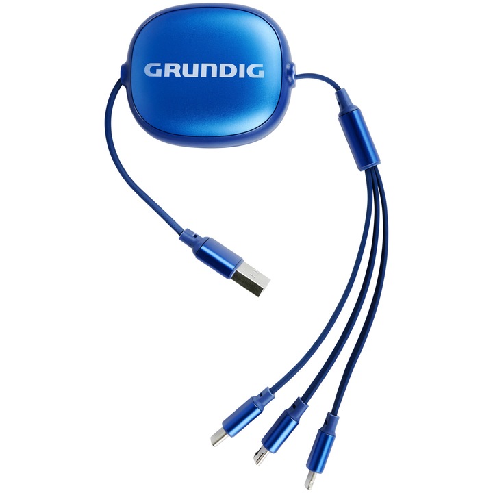 Cablu de incarcare retractabil, Grundig, 3-in-1, USB-A la USB-C / Micro-USB / Lightning, Lungime reglabila, Multicolor