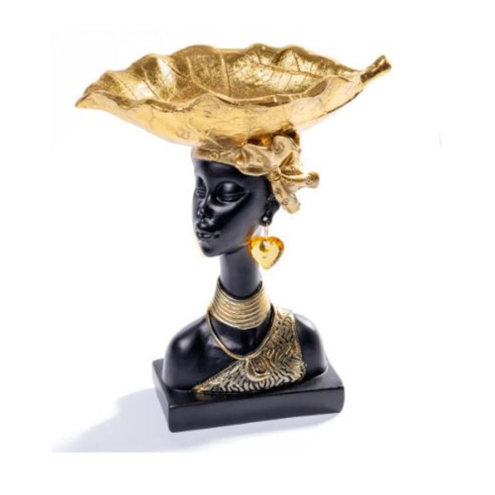 Statueta decorativa Malooki, femeie africana stilizata, detalii aurii, 20x14x23cm