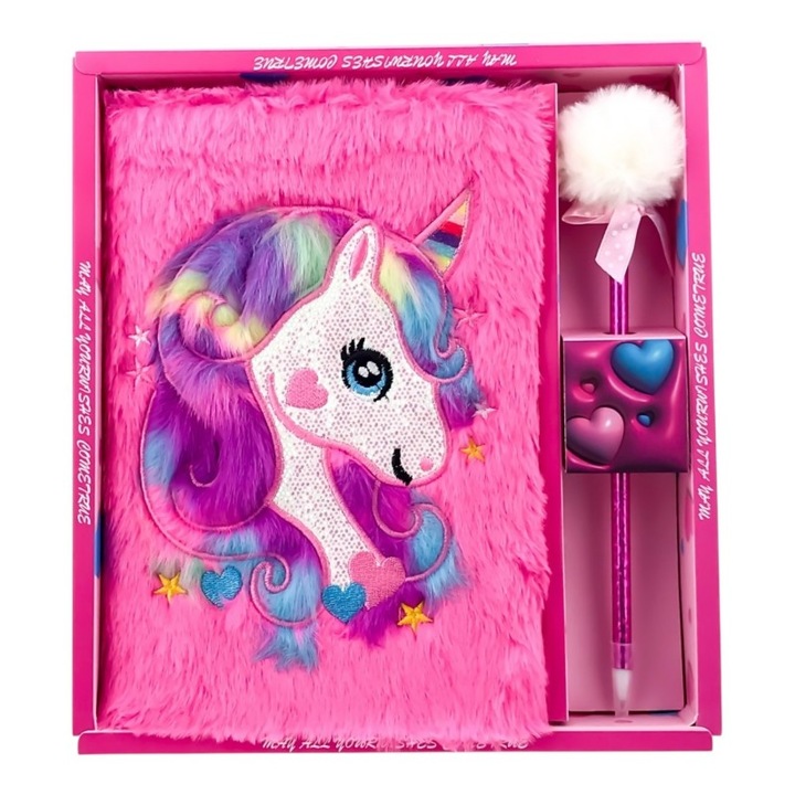 Set format din agenda cu coperti din plus cu inorog si pix, 22X24 cm, roz