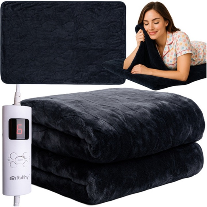 RUHHY elektromos takaró 180x130 cm, 6 hőmérsékletfokozat, gyorsfűtés, 85W, túlmelegedés elleni védelem, levehető LED távirányító, mosható, puha poliészter anyag, ideális ágyra, kanapéra vagy fotelre, garantált hőkomfort és relaxáció