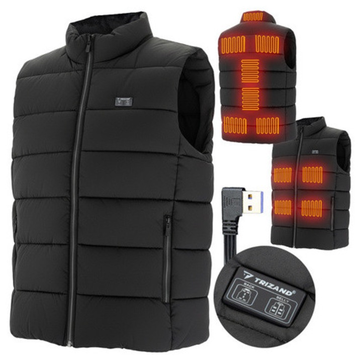 TRIZAND fűthető mellény, 11 fűtési zóna, USB tápellátás, L méret, 3 hőmérsékleti fokozat, uniszex, fekete színű