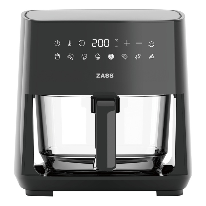 ZASS ZAF 14 meleglevegős fritőz üvegkosárral, 5L kapacitás, 1450W teljesítmény, légkeringetés, LED érintőpanel, Fekete