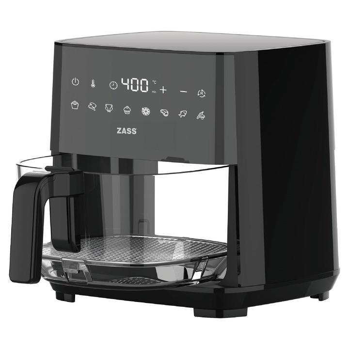 Friteuza cu aer cald si cos din sticla ZASS ZAF 14, capacitate 5L, putere 1450W, circulare aer, panou touch LED, Negru