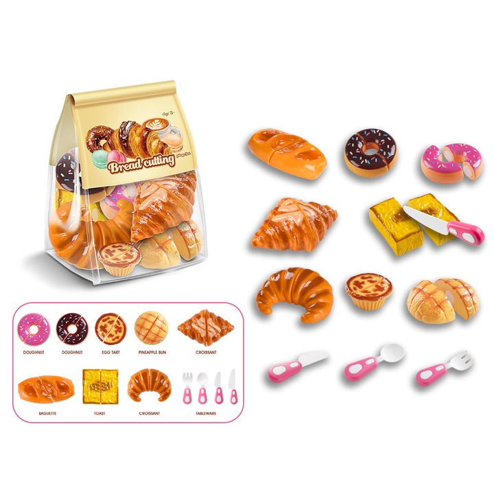 Set jucarie taiere alimente din plastic pentru copii, paine si patiserie, multicolor, QiFeng™