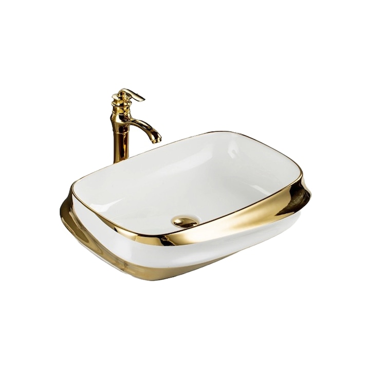 Lavoar ceramic cu montaj pe blat NEXTLY, design lucios, model asimetric, material premium, aspect modern, ceramica sanitara, 60x43x13.5cm, auriu-alb