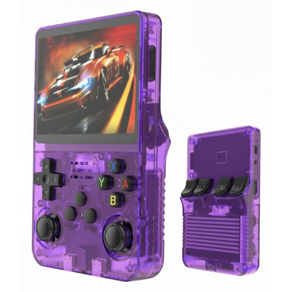 Consola Portabila Vision XXI R36S, 15000 jocuri, Ecran IPS 3.5", Mov Transparent, 64GB MicroSD