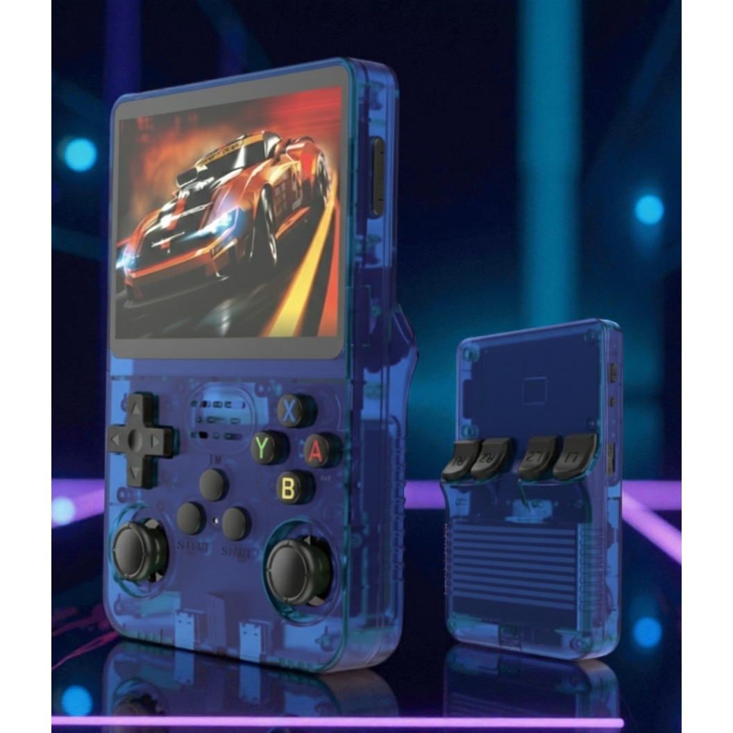 Consola Portabila Vision XXI R36S, 15000 jocuri, Ecran IPS 3.5", Albastru Transparent, 64GB MicroSD