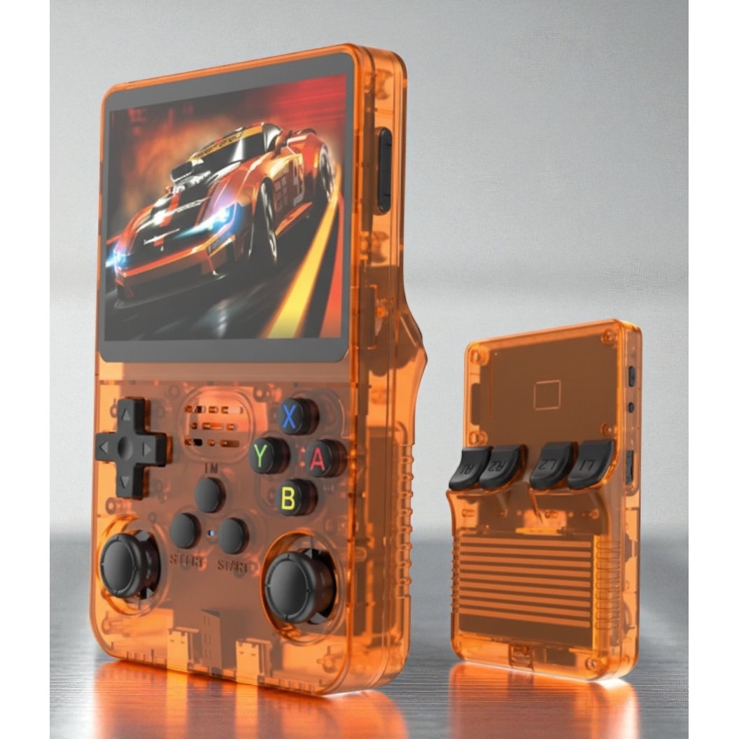 Consola Portabila Vision XXI R36S, 15000 jocuri, Ecran IPS 3.5", Portocaliu Transparent, 64GB MicroSD