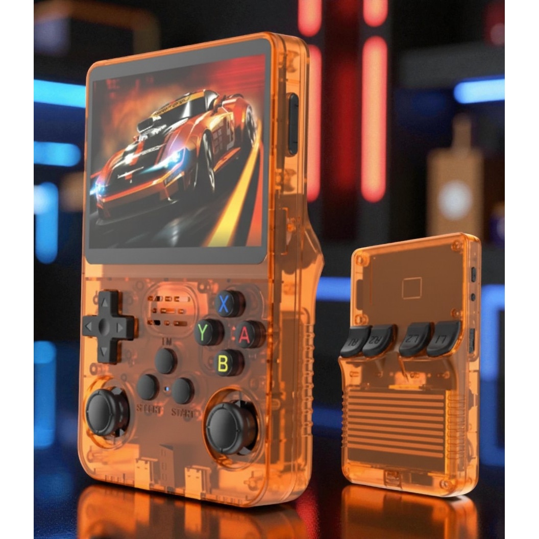 Consola Portabila Vision XXI R36S, 15000 jocuri, Ecran IPS 3.5", Portocaliu Transparent, 64GB MicroSD