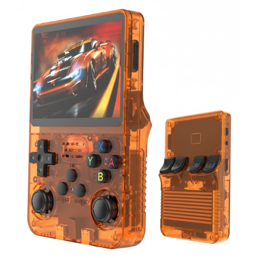 Consola Portabila Vision XXI R36S, 15000 jocuri, Ecran IPS 3.5", Portocaliu Transparent, 64GB MicroSD