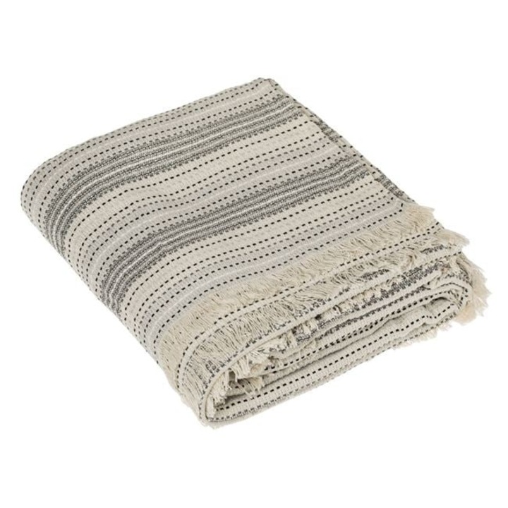 Cuvertura decorativa AB HOMES pentru canapea, 280x180 cm, crem, din bumbac, cu franjuri scurte si model cu dungi, stil boho elegant