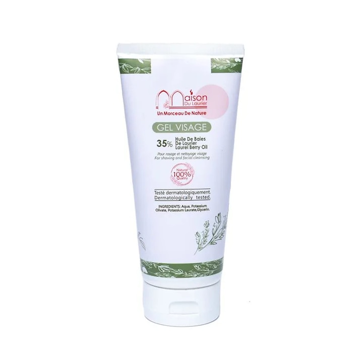 Алепски гел за лице, с 35% дафиново масло, за деликатно почистване на кожата и за бръснене, 100% натурален, пречистващ и хидратиращ, ръчно изработен в Сирия, 200 мл, Maison du Laurier