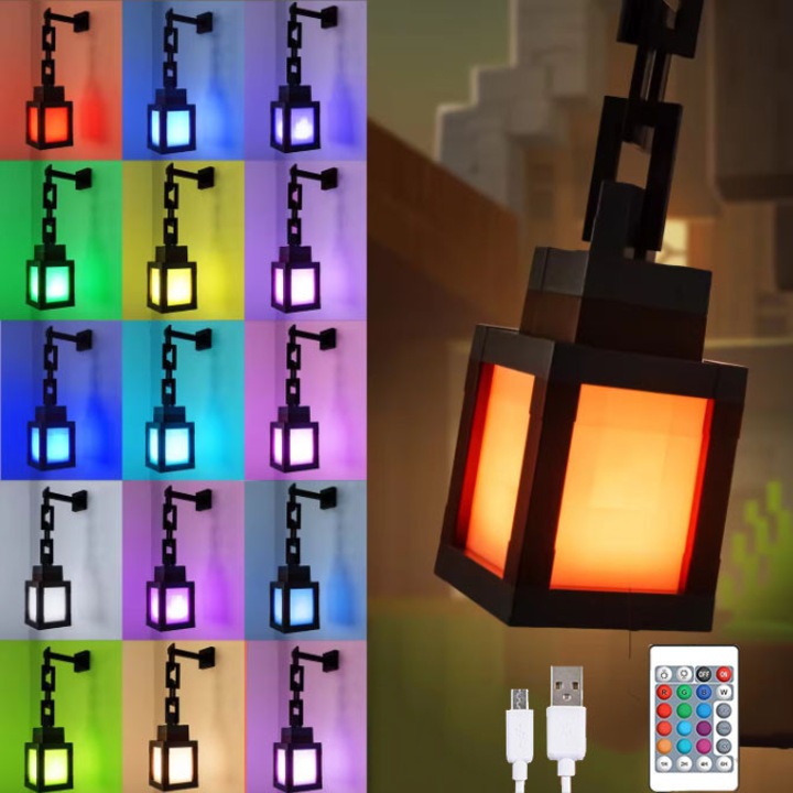 Lumina de noapte LED care isi schimba culoarea, Bedee®, Minecraft, Lumina de noapte cu felinar pixelat culorile 16, lampa de perete, Incarcare USB, Comutator tactil, Cu telecomanda, decor ideal cadou