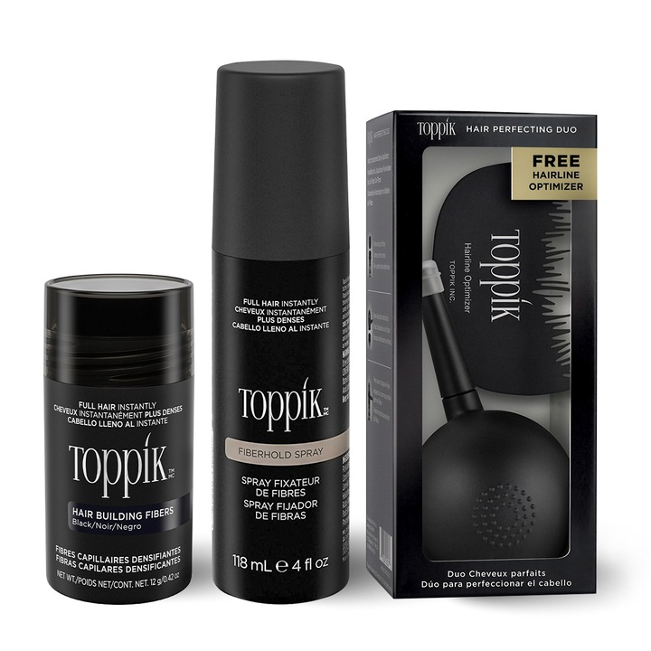 SET complet Fibre pentru par rar Toppik Starter Kit, Brunet - include pudra, fixativ, aplicator spray, hairliner
