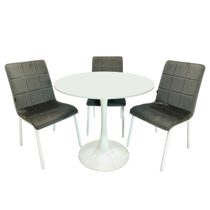 Set masa Innsbruck, DENVER, blat alb si picior alb cu 3 scaune Miami gri, forma rotunda, 80x73 cm