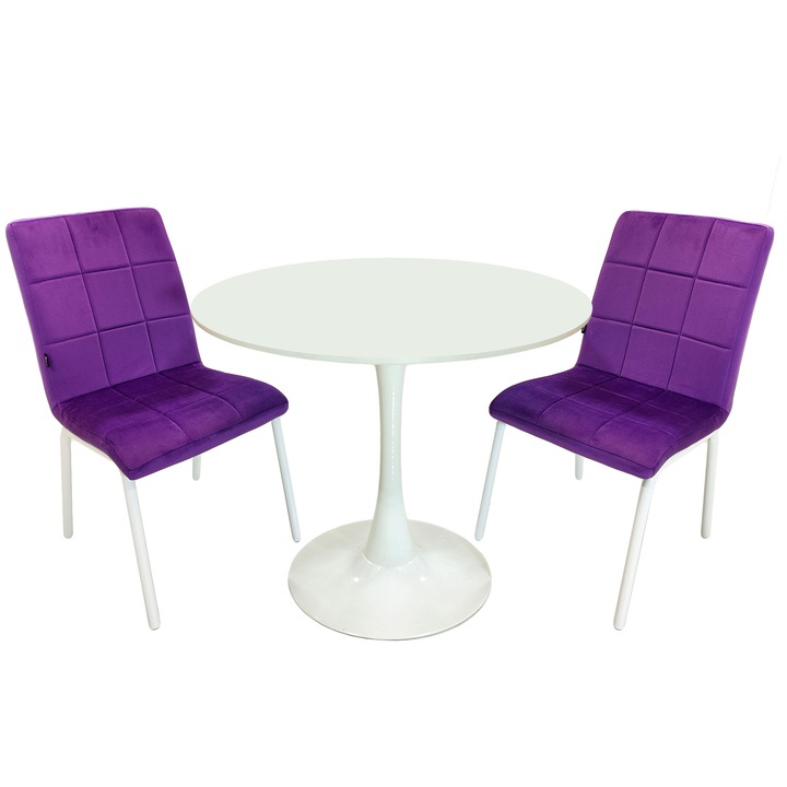 Set masa Innsbruck, DENVER, blat alb si picior alb cu 2 scaune Miami mov, forma rotunda, 80x73 cm