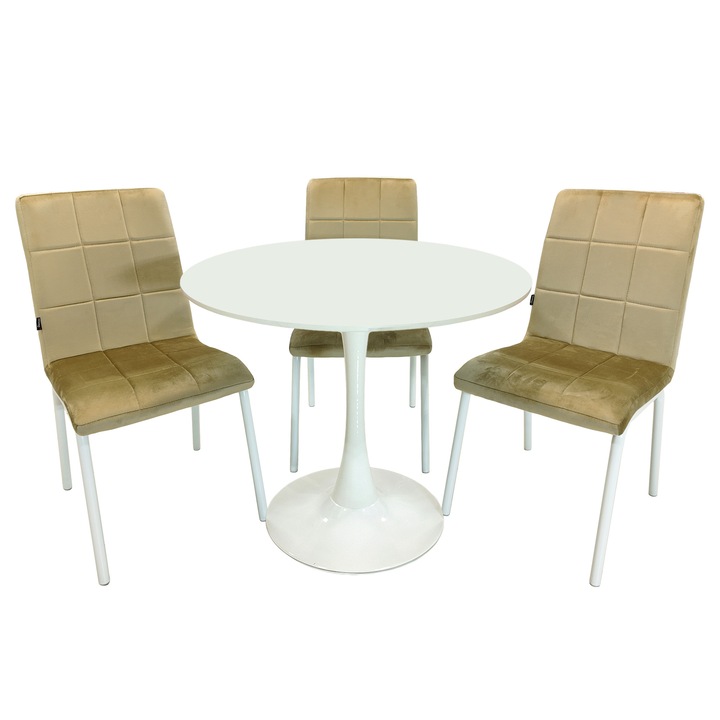 Set masa Innsbruck, DENVER, blat alb si picior alb cu 3 scaune Miami bej, forma rotunda, 80x73 cm