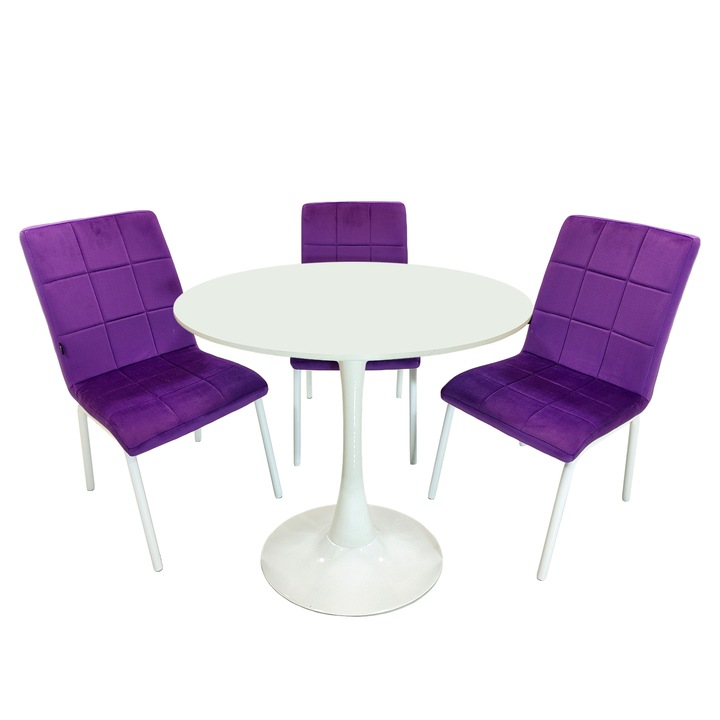 Set masa Innsbruck, DENVER, blat alb si picior alb cu 3 scaune Miami mov, forma rotunda, 80x73 cm