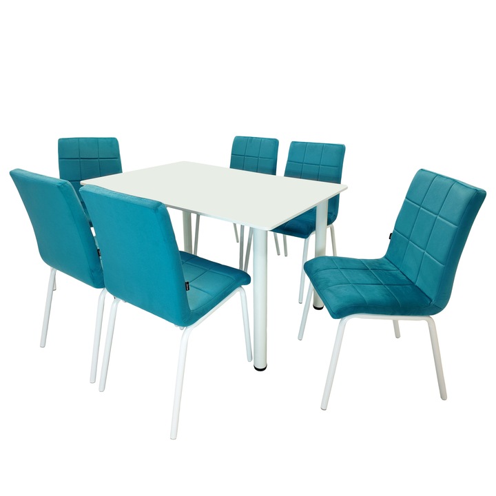 Set masa Bavaria alba cu 6 scaune Miami turcoaz, DENVER, blat MDF alb, picioare albe, forma dreptunghiulara, 120x80 cm