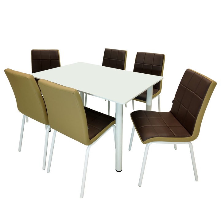 Set masa Bavaria alba cu 6 scaune Miami maro cu bej, DENVER, blat MDF alb, picioare albe, forma dreptunghiulara, 120x80 cm