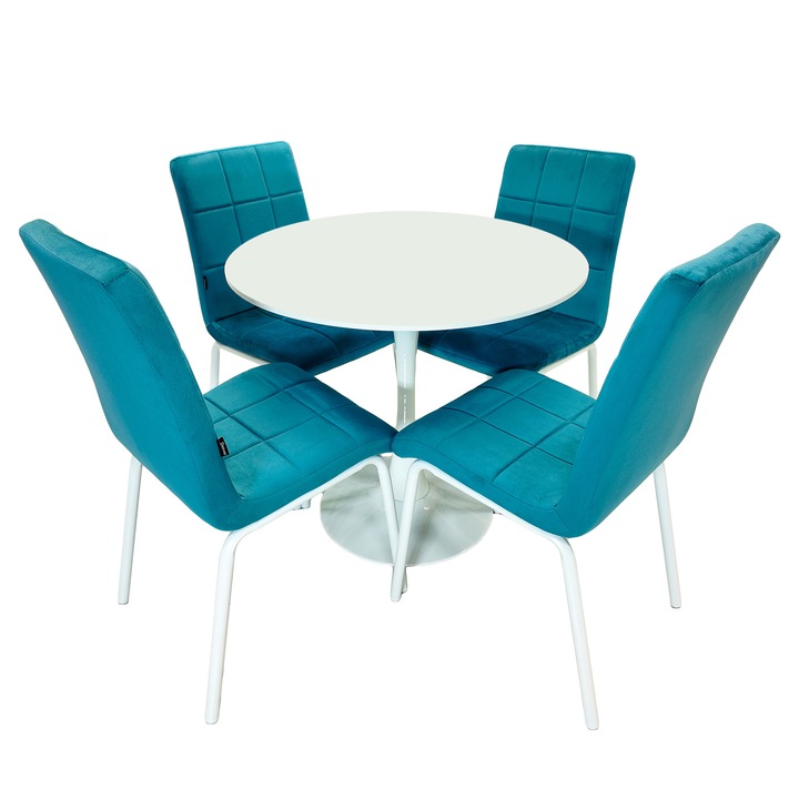 Set masa Innsbruck, DENVER, blat alb si picior alb cu 4 scaune Miami turcoaz, forma rotunda, 80x73 cm