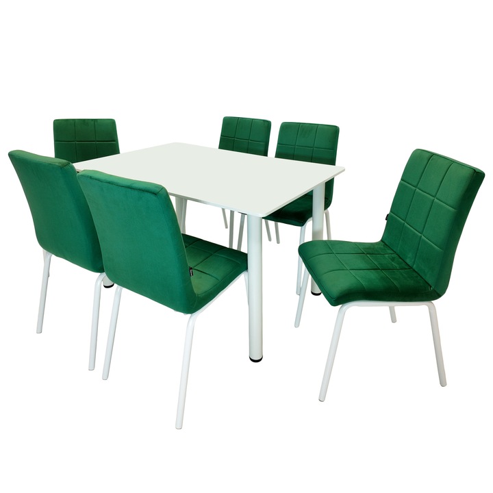 Set masa Bavaria alba cu 6 scaune Miami verde, DENVER, blat MDF alb, picioare albe, forma dreptunghiulara, 120x80 cm