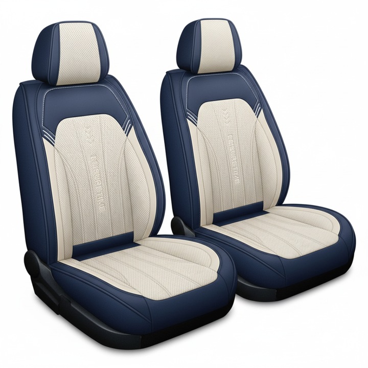 Set Huse Scaune Auto TOP Piele ecologica Nappa, Crem Albastru, set complet fata-spate