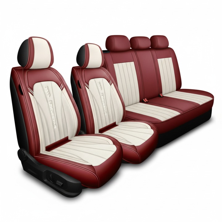 Set Huse Scaune Auto DACIA DUSTER 2020+, Top Piele Ecologica Nappa, Crem-Visiniu, Set Fata-Spate